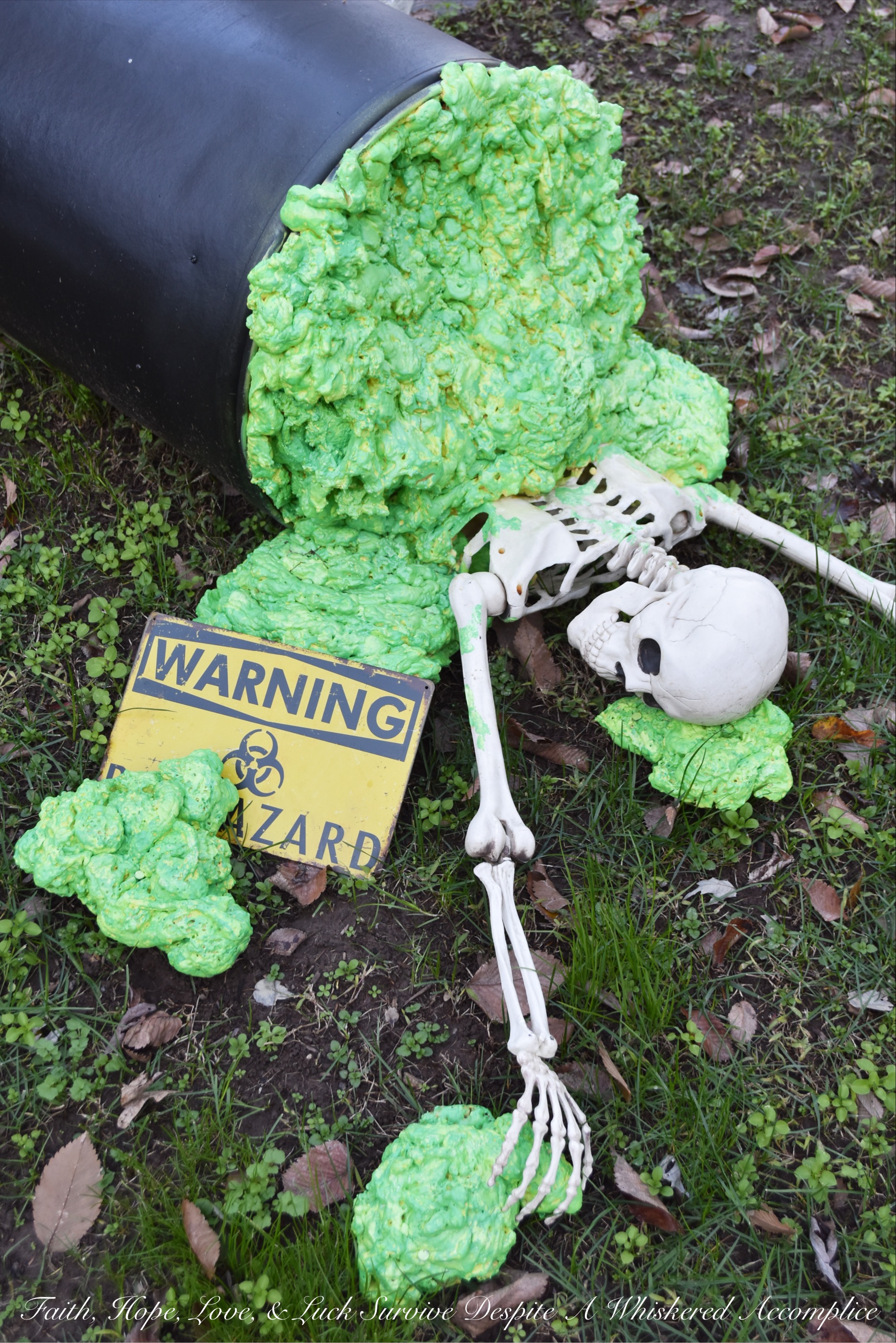 Biohazard Hazardous Waste Halloween Skeletons - Each year The Historic Herndon Halloween House chooses a new theme when it comes to decorating the graveyard. This year, the theme is biohazard hazardous waste, so our poor Skeleton Clan Army was forced to flee in fear. They're running and jumping over fences in an attempt to escape the evil HAZMAT Skeletons.