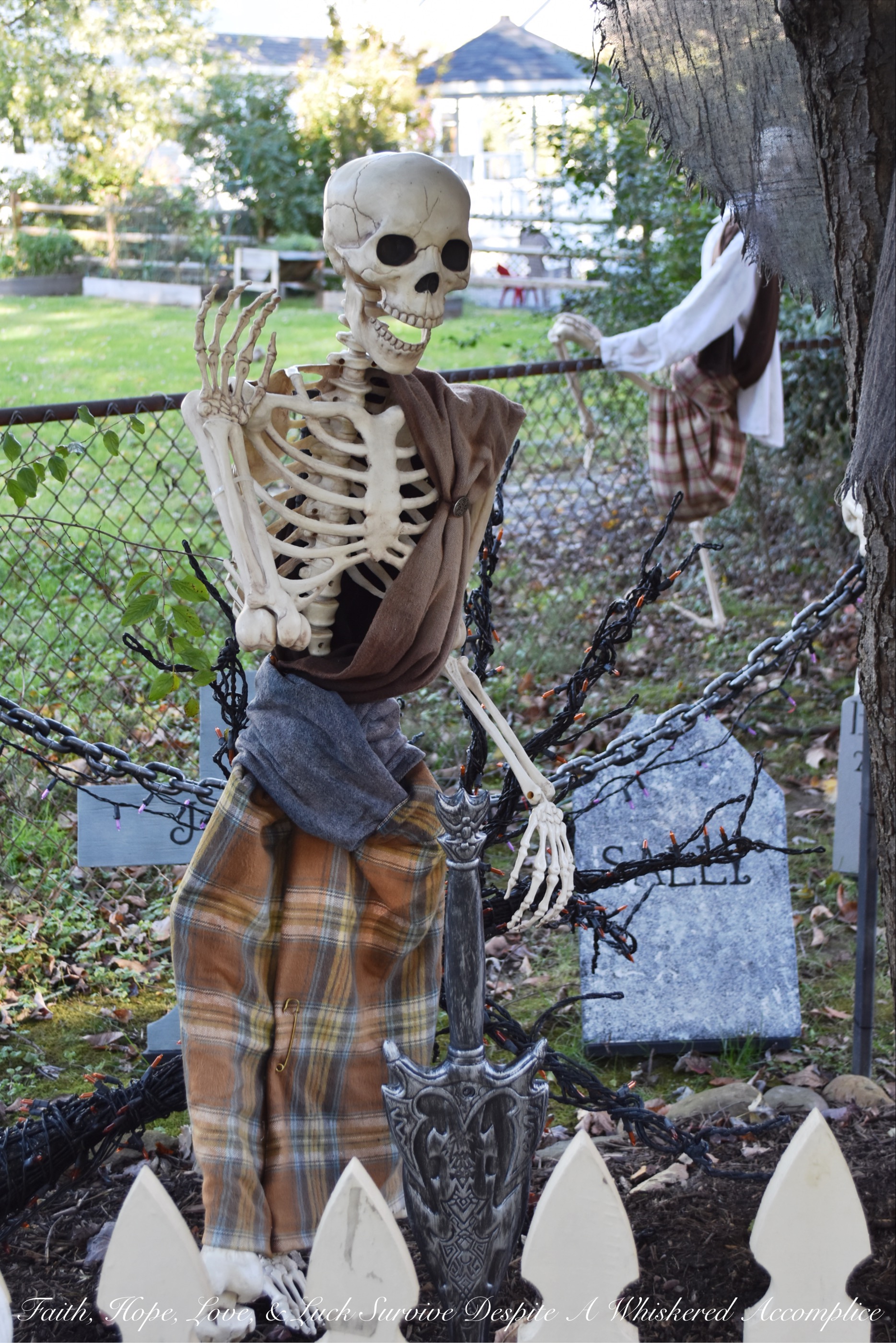Biohazard Hazardous Waste Halloween Skeletons - Each year The Historic Herndon Halloween House chooses a new theme when it comes to decorating the graveyard. This year, the theme is biohazard hazardous waste, so our poor Skeleton Clan Army was forced to flee in fear. They're running and jumping over fences in an attempt to escape the evil HAZMAT Skeletons.