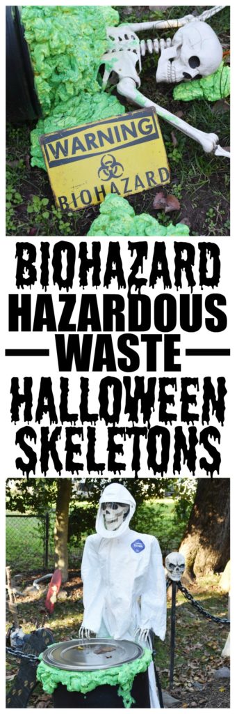 Biohazard Hazardous Waste Halloween Skeletons - Each year The Historic Herndon Halloween House chooses a new theme when it comes to decorating the graveyard. This year, the theme is biohazard hazardous waste, so our poor Skeleton Clan Army was forced to flee in fear. They're running and jumping over fences in an attempt to escape the evil HAZMAT Skeletons.