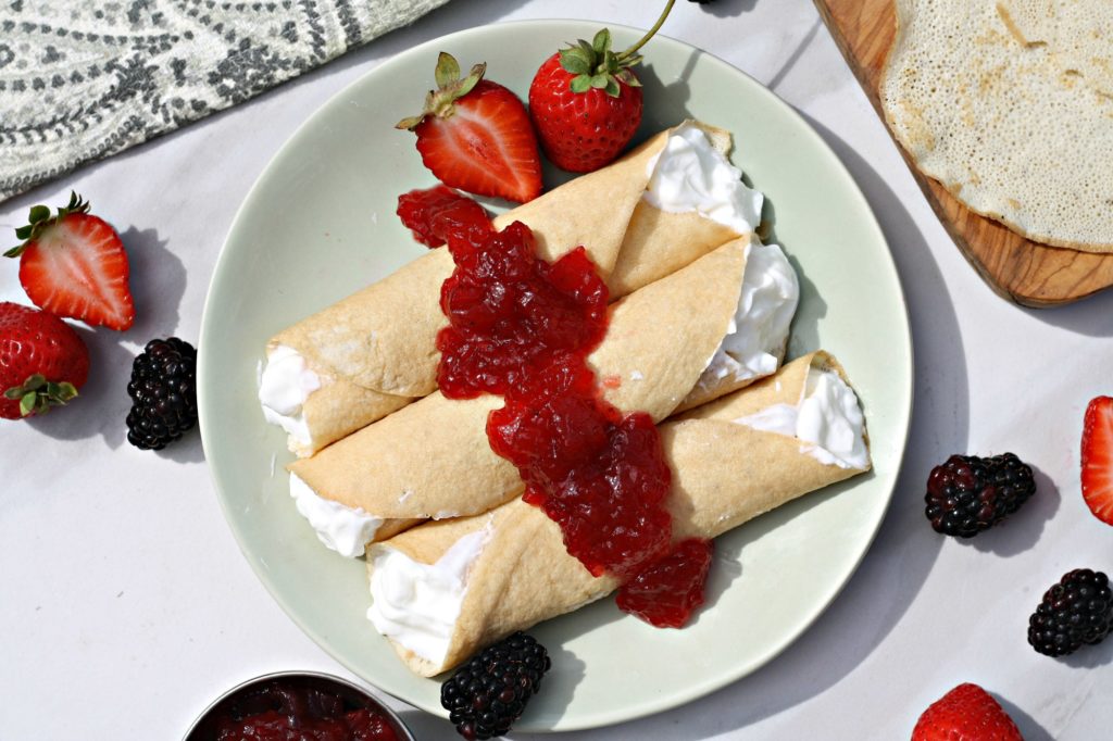 Crepes with Strawberry Red Wine Jam and Yogurt - Looney for Food - Welcome to the Friday Frenzy, the best food and craft link party on the web. Visit us this week to see what recipes and crafts we are most excited about.