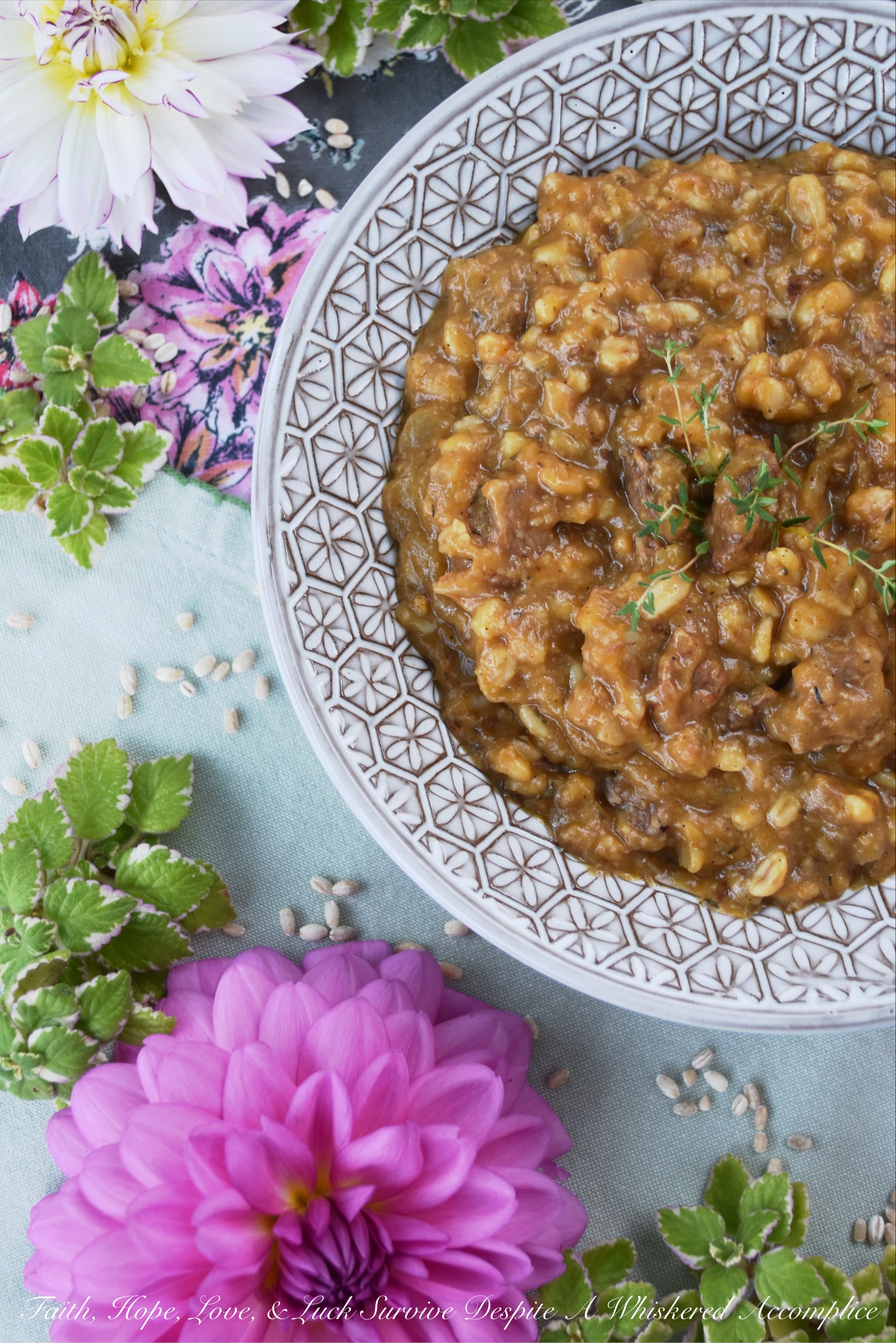 Comforting Double Barley & Pumpkin Beef Stew - There's nothing more comforting than a bowl of beef stew unless, of course, it's a bowl of steaming hot beef stew loaded with lots and lots of barley. Y'all, now that's comfort food at its best. Seriously folks, this really is a bowl of stew you can totally make a meal out of, and thanks to the pumpkin and seasonings, its flavor is totally as amazing as its texture.