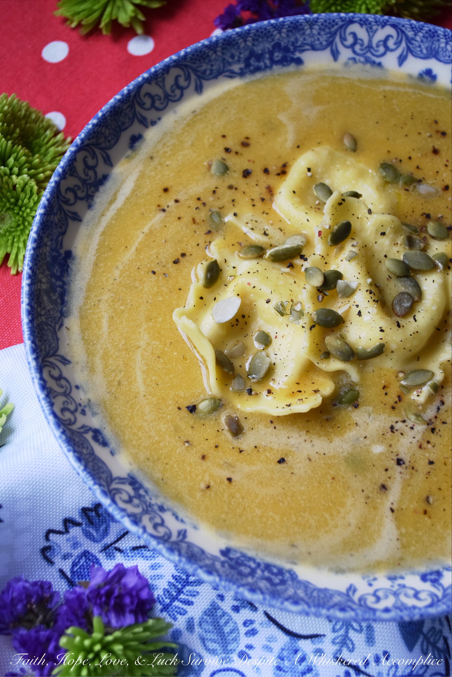 Butternut Squash Soup with Cheese Ravioli - There are days when you really want pasta for dinner but you're also craving a comforting bowl of soup as well. Why choose one over the other? This butternut squash soup with cheese ravioli makes it feasible to enjoy both, at the same time, in the most delicious way possible.