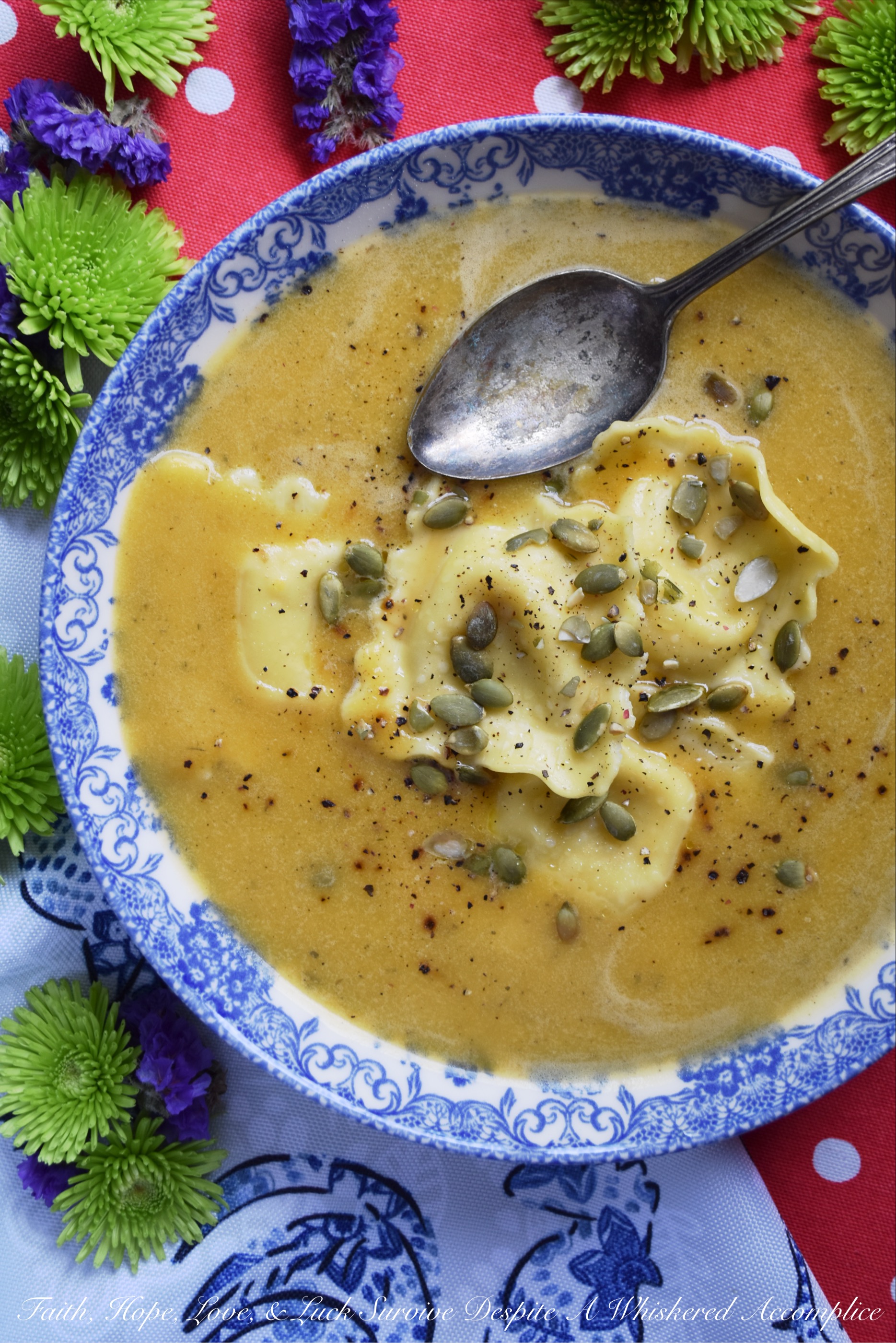 Butternut Squash Soup with Cheese Ravioli - There are days when you really want pasta for dinner but you're also craving a comforting bowl of soup as well. Why choose one over the other? This butternut squash soup with cheese ravioli makes it feasible to enjoy both, at the same time, in the most delicious way possible.