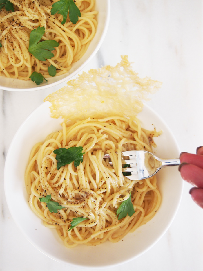 Cacio e Pepe with Parmesan Frico - Pies and Plots - Now that the holidays are over and winter is here, it's time to break out the cozy winter recipes. Our recipe round-up this month, features lots of unique and delicious recipes to help you get over the winter blues, whether it be on a weekend when you have a little bit of extra time to spend in the kitchen, or on a busy weeknight when you're exhausted from shoveling snow.