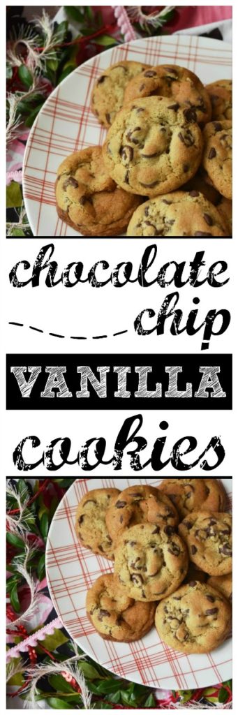 Chocolate Chip Vanilla Cookies - These simple and unassuming chocolate chip cookies are so much more than they first appear. They're soft and chewy, but also have an intense vanilla flavor that helps to bring out the taste of the semi-chocolate chips in them as well. In addition, they somehow manage to get even better after sitting for a few days after they are baked, which makes them the perfect Christmas cookie to add to a holiday cookie tray.
