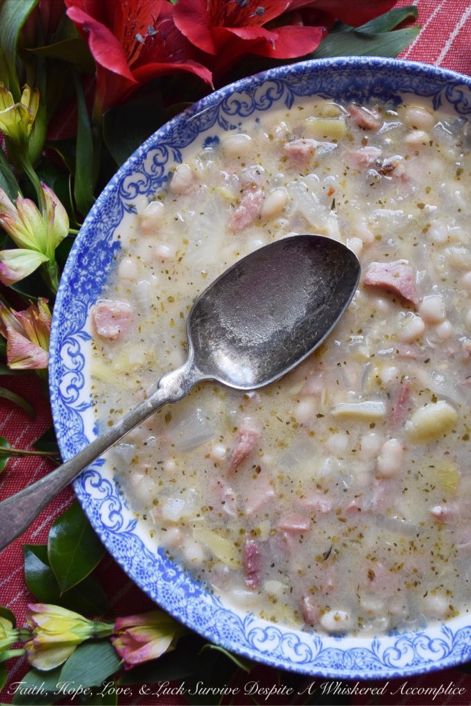 Italian Asiago Artichoke Ham & Bean Soup - Winter soups are great to make when you're starting to get the mid-winter blahs. Not only do they help raise the temperature in the kitchen, but they also help cheer you up with their comforting warmth and aroma. This particular winter soup uses dried beans, ham, jarred marinated artichoke hearts, and grated Asiago cheese, along with several other Italian herbs and spices. It's total comfort food.