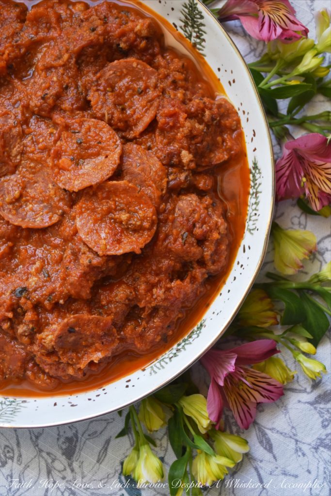 Pepperoni & Sausage Pizza Pasta Sauce - Looking for a pasta sauce that's packed with flavor and doesn't come from a jar? This pepperoni and Italian sausage-loaded pasta sauce is like having a pizza without the actual crust. Serve it over pasta, gnocchi, garlic bread, or even use it as a dipping sauce for grilled mozzarella cheese sandwiches.