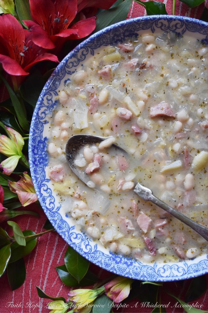 Italian Asiago Artichoke Ham & Bean Soup - Winter soups are great to make when you're starting to get the mid-winter blahs. Not only do they help raise the temperature in the kitchen, but they also help cheer you up with their comforting warmth and aroma. This particular winter soup uses dried beans, ham, jarred marinated artichoke hearts, and grated Asiago cheese, along with several other Italian herbs and spices. It's total comfort food.