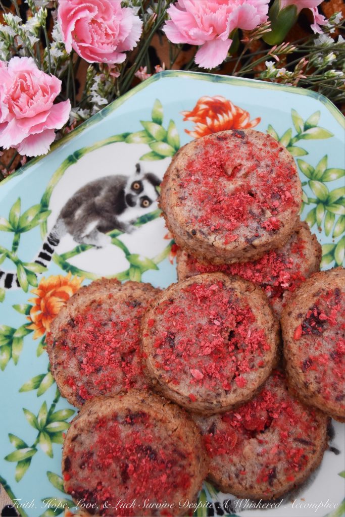 Strawberry Dark Chocolate Shortbread Biscuits - English shortbread biscuits are wonderful on their own, with their buttery flavor and crumbly texture, however, when you add freeze-dried strawberries and dark chocolate into the dough, they become even more amazing. Whether you choose to bake these cookies for Valentine's Day or on any other day of the year, their lovely strawberry and chocolate flavor is sure to win over hearts.