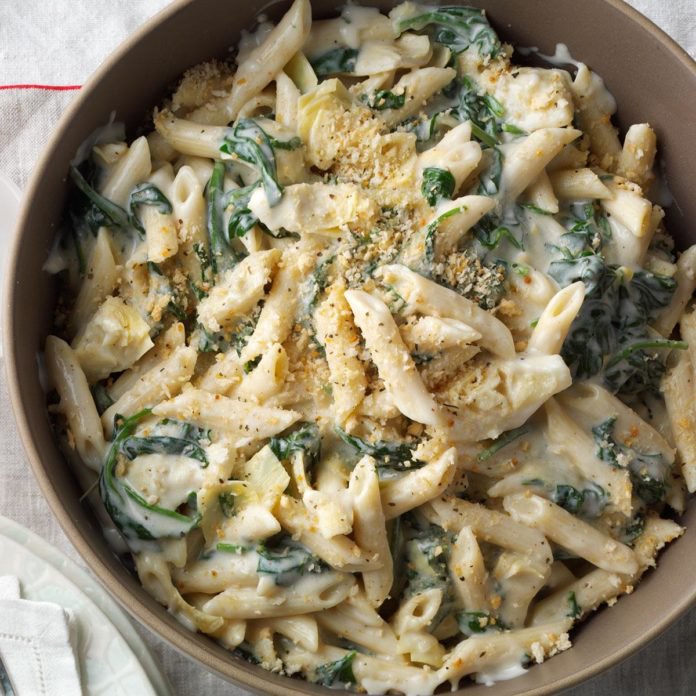 Artichoke Florentine Pasta - Nancy Beckman - Taste of Home - Welcome to Friday! Friday! Friday! Favorites! Each Friday we'll be sharing our favorite recipes of the week from other fabulous food bloggers, so make sure to visit and see what tasty over-the-top dishes we're most excited about.