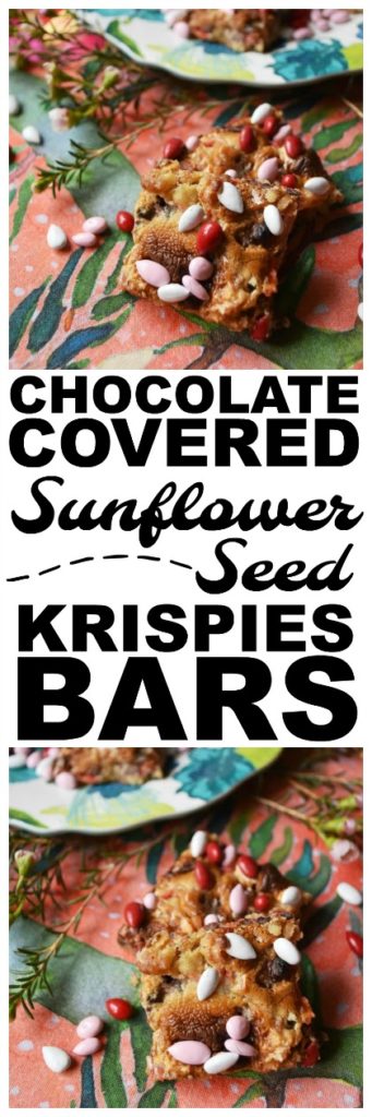 Chocolate Covered Sunflower Seed Krispies Bars - These absolutely amazing sweet, chewy, and crispy cookie bars are half s'mores bar and half rice krispies treat. Basically, they are pretty much the best of both worlds. Add in the fact that they are both filled and topped with chocolate covered sunflower seeds, and what's not to totally fall in love with?