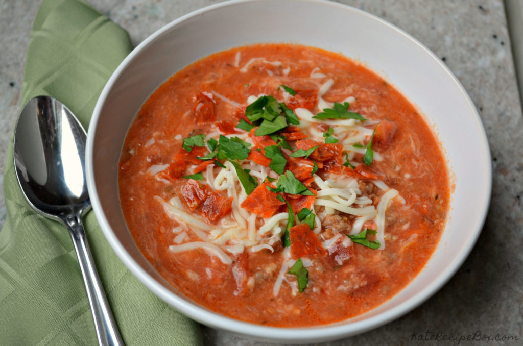 Slow Cooker Pepperoni Pizza Soup - Kate's Recipe Box - This month, we're sharing a few of our family favorite recipes. We hope you enjoy a few of our breakfast, side, soup, dessert, and main dish recipes just as much we do and that perhaps they might become your family's favorite recipes as well.