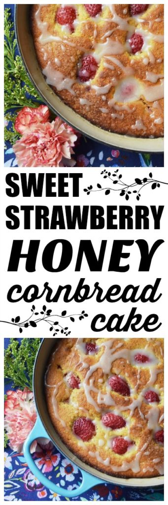 Sweet Strawberry Honey Cornbread Cake - This honey-flavored cast iron cornbread cake is full of sweet strawberries and topped with just the right amount of powdered sugar drizzle. Whether you choose to serve it for breakfast alongside a banana or additional sliced strawberries, or for dessert alongside fresh whipped cream or a scoop of ice cream, I guarantee that you'll fall absolutely in love with this sweet cornbread after the very first bite.