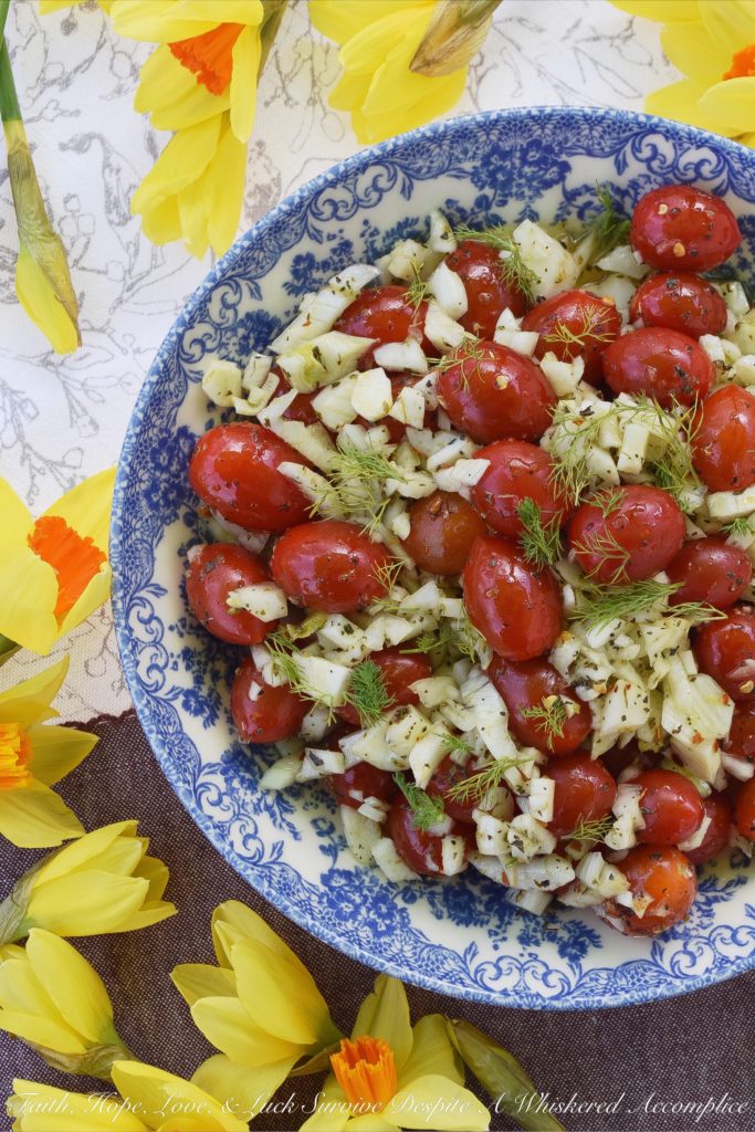 Fennel & Tomato Italian Vinaigrette Salad - Looking for a flavorful, easy-to-make side salad, that you can get on the table for dinner with very little effort involved? Well then, this fennel and tomato salad is it. Homemade Italian vinaigrette not only gives this salad a lovely tang and spice, but it also pairs well with the fresh crunchy fennel and juicy cherry tomatoes.