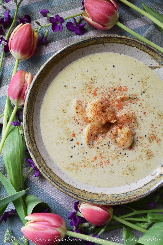 Creamy Chesapeake Asparagus & Shrimp Soup - It doesn't take a whole lot of ingredients to make a delicious creamy soup that your whole family will enjoy. A little asparagus, shrimp, broth, and cream, are pretty much all it takes to make a bowl of amazingness. That and a bit of Old Bay Seasoning. It truly is the secret to this creamy Chesapeake soup's fantastic flavor.