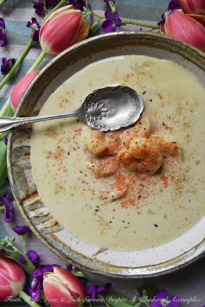 Creamy Chesapeake Asparagus & Shrimp Soup - It doesn't take a whole lot of ingredients to make a delicious creamy soup that your whole family will enjoy. A little asparagus, shrimp, broth, and cream, are pretty much all it takes to make a bowl of amazingness. That and a bit of Old Bay Seasoning. It truly is the secret to this creamy Chesapeake soup's fantastic flavor.
