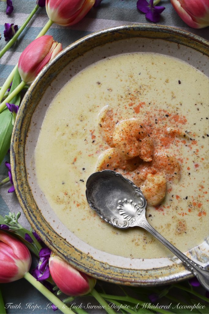 Creamy Chesapeake Asparagus & Shrimp Soup - It doesn't take a whole lot of ingredients to make a delicious creamy soup that your whole family will enjoy. A little asparagus, shrimp, broth, and cream, are pretty much all it takes to make a bowl of amazingness. That and a bit of Old Bay Seasoning. It truly is the secret to this creamy Chesapeake soup's fantastic flavor.