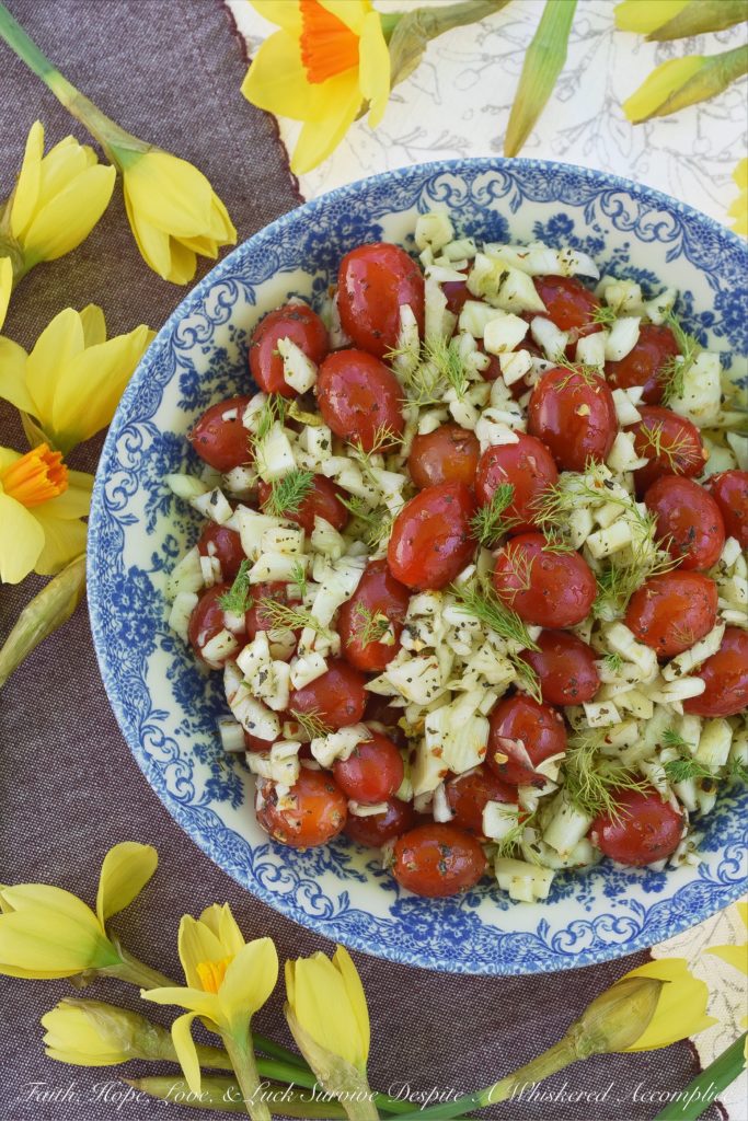 Fennel & Tomato Italian Vinaigrette Salad - Looking for a flavorful, easy-to-make side salad, that you can get on the table for dinner with very little effort involved? Well then, this fennel and tomato salad is it. Homemade Italian vinaigrette not only gives this salad a lovely tang and spice, but it also pairs well with the fresh crunchy fennel and juicy cherry tomatoes.