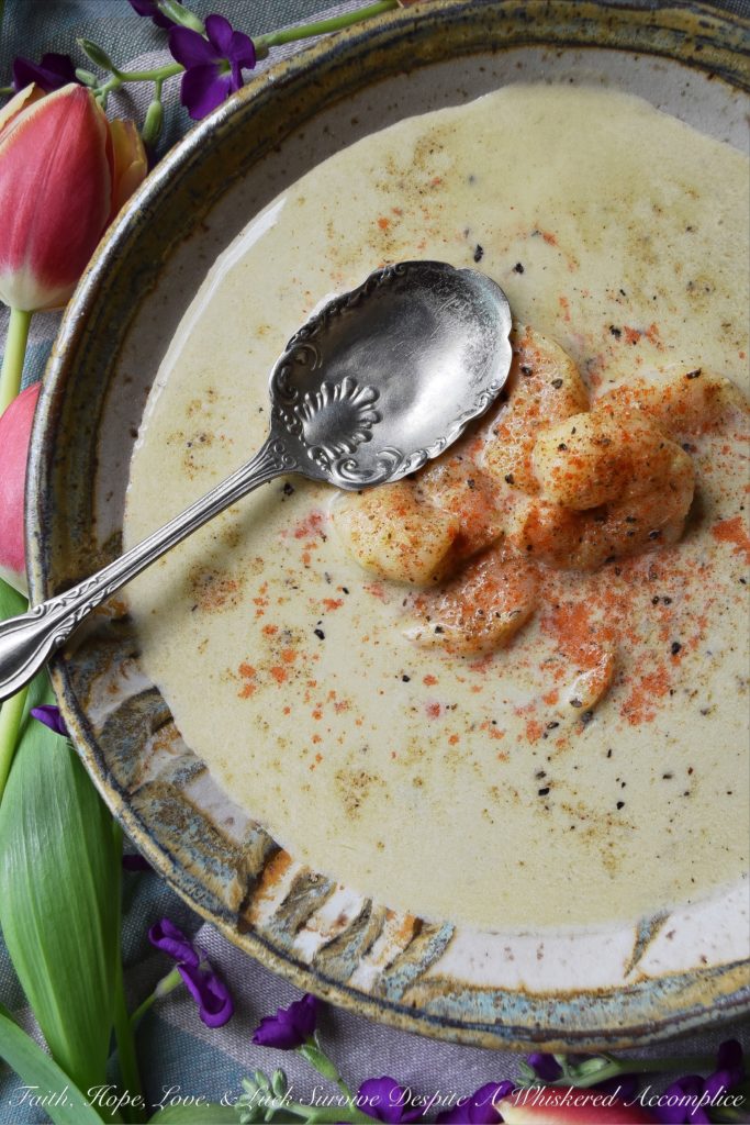 Creamy Chesapeake Asparagus & Shrimp Soup - It doesn't take a whole lot of ingredients to make a delicious creamy soup that your whole family will enjoy. A little asparagus, shrimp, broth, and cream, are pretty much all it takes to make a bowl of amazingness. That and a bit of Old Bay Seasoning. It truly is the secret to this creamy Chesapeake soup's fantastic flavor.
