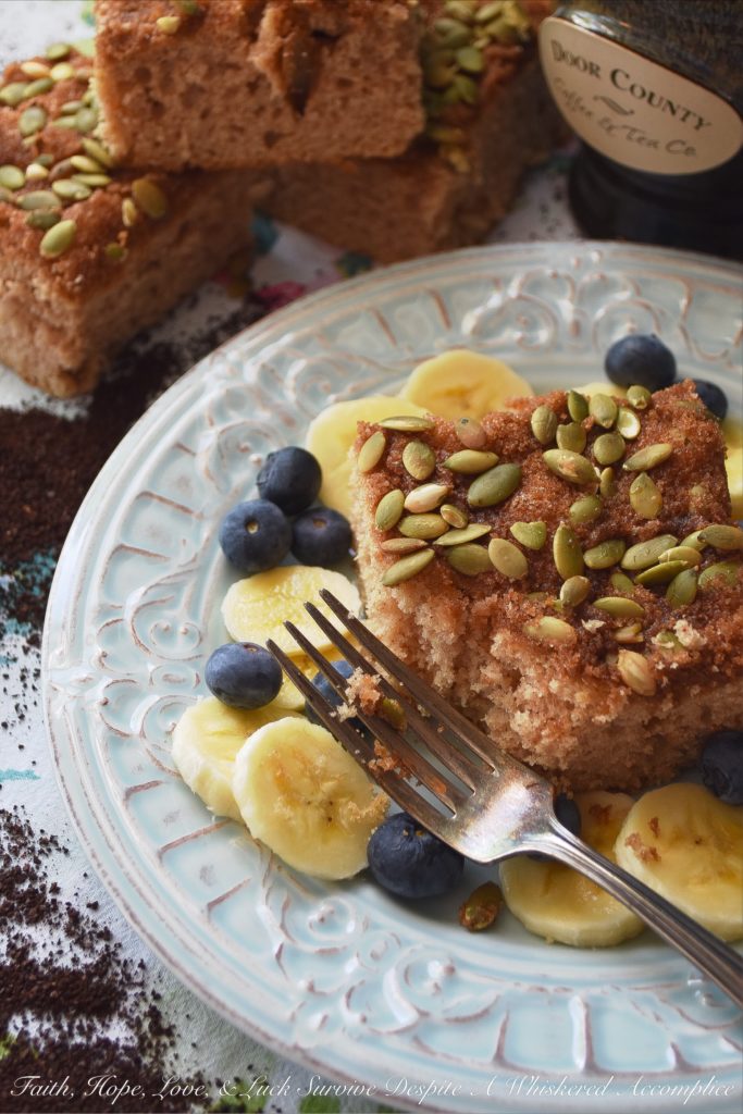 Overnight Make-Ahead Coffee Cake (Nut-Free) - This overnight make-ahead coffee cake recipe makes it super-simple to get breakfast on the table, whether it be a weekday or weekend morning. Pepitas, or roasted salted pumpkin seeds, give this coffee-cake a lovely nutty flavor while still allowing it to be nut-free for those with allergies. Simply remove the cake from the refrigerator in the morning, preheat your oven, and then bake to perfection.