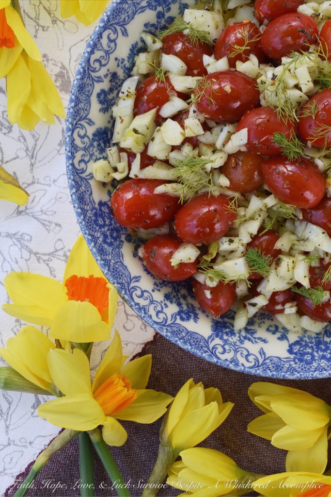 Fennel & Tomato Italian Vinaigrette Salad - Looking for a flavorful, easy-to-make side salad, that you can get on the table for dinner with very little effort involved? Well then, this fennel and tomato salad is it. Homemade Italian vinaigrette not only gives this salad a lovely tang and spice, but it also pairs well with the fresh crunchy fennel and juicy cherry tomatoes.