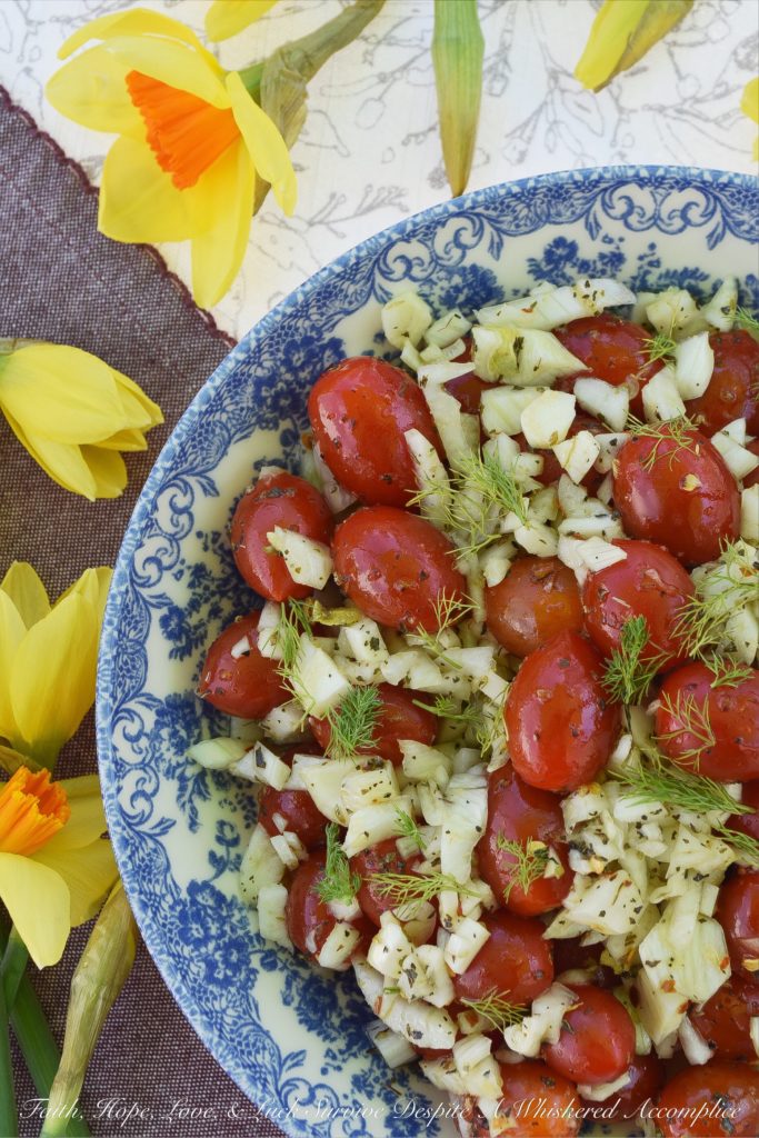 Fennel & Tomato Italian Vinaigrette Salad - Looking for a flavorful, easy-to-make side salad, that you can get on the table for dinner with very little effort involved? Well then, this fennel and tomato salad is it. Homemade Italian vinaigrette not only gives this salad a lovely tang and spice, but it also pairs well with the fresh crunchy fennel and juicy cherry tomatoes.