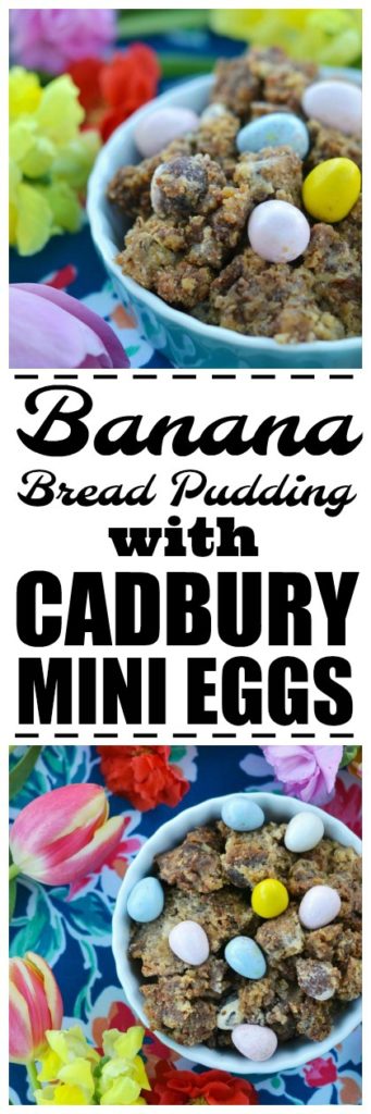 Banana Bread Pudding with Cadbury Mini Eggs - Easter wouldn't be Easter without Cadbury Mini Eggs. While eating them straight out of the bag is always a delicious treat, I prefer to transform them into something even more delicious by adding them to banana bread and then using that same banana bread to make a bread pudding dessert topped with a warm vanilla sauce and even more Cadbury Mini Eggs.