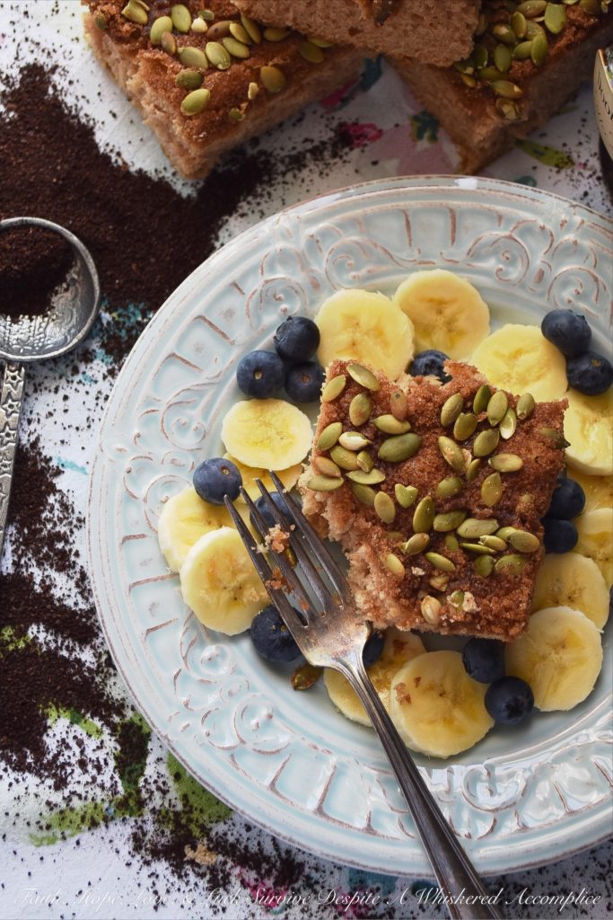 Overnight Make-Ahead Coffee Cake (Nut-Free) - This overnight make-ahead coffee cake recipe makes it super-simple to get breakfast on the table, whether it be a weekday or weekend morning. Pepitas, or roasted salted pumpkin seeds, give this coffee-cake a lovely nutty flavor while still allowing it to be nut-free for those with allergies. Simply remove the cake from the refrigerator in the morning, preheat your oven, and then bake to perfection.