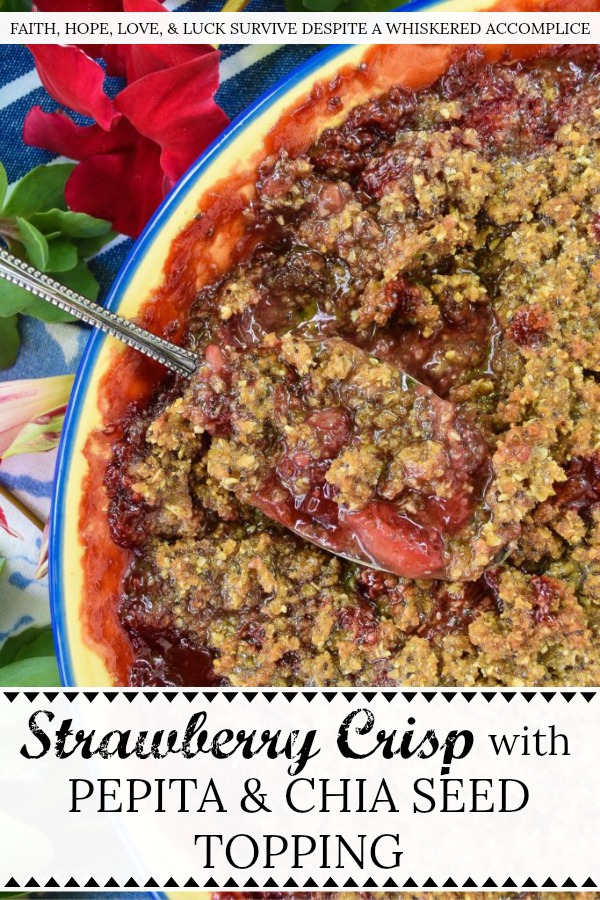 Strawberry Crisp with Pepita & Chia Seed Topping - It's often hard to achieve a truly crispy topping when baking a strawberry crisp if you aren't using nuts in the topping. This sweet summer strawberry crisp uses pepita and chia seeds to create the perfect crispy topping, for those who are allergic to nuts, who still crave a delicious crispy crunchy baked summer berry dessert.