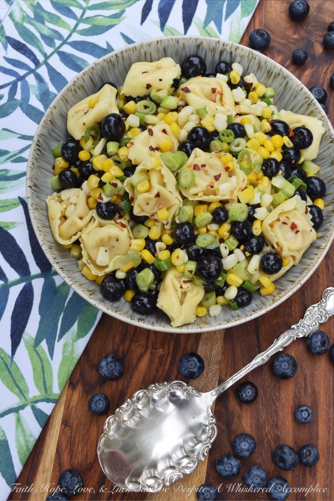 Tortellini Pasta Salad with Corn and Blueberries - I'm always looking for new side salads to bring along with me to cookouts, barbecues, and picnics, which can withstand the heat of summer. This healthy pasta salad made using frozen corn and refrigerated tortellini is the perfect example. It's tossed with fresh blueberries, chopped scallions, and a light olive oil vinaigrette, which makes this a delicious and easy to make pasta salad just right for a hot summer's day.