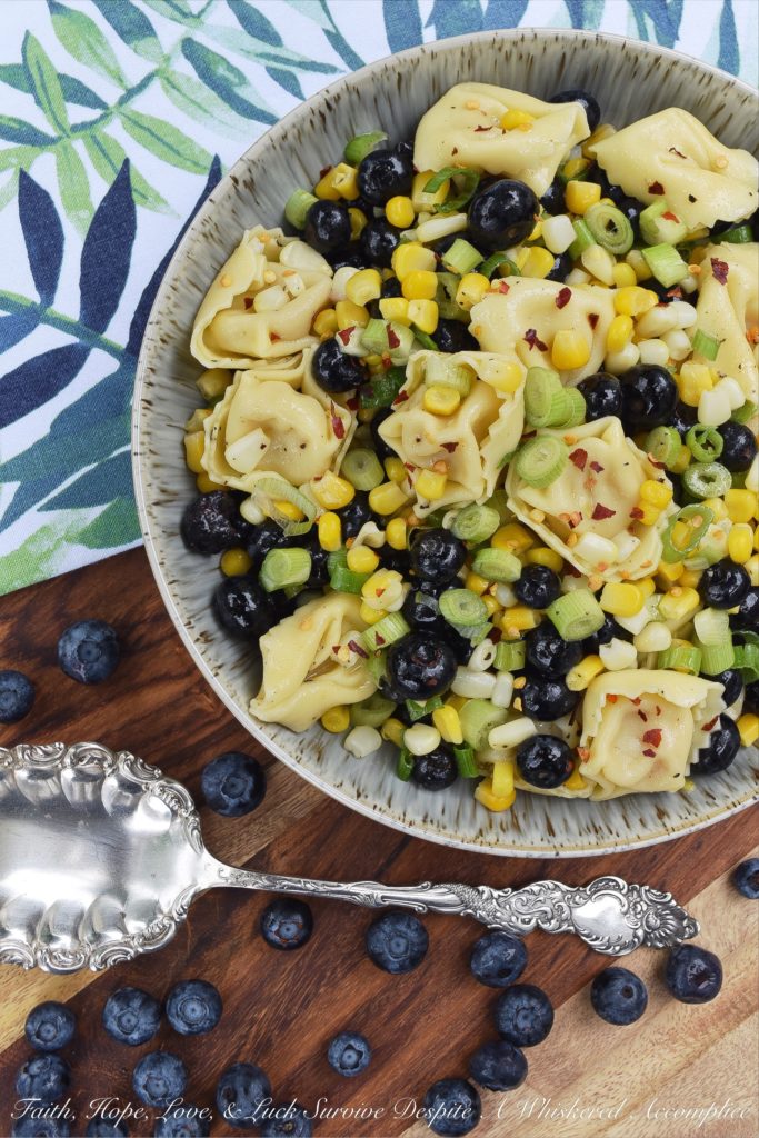 Tortellini Pasta Salad with Corn and Blueberries - I'm always looking for new side salads to bring along with me to cookouts, barbecues, and picnics, which can withstand the heat of summer. This healthy pasta salad made using frozen corn and refrigerated tortellini is the perfect example. It's tossed with fresh blueberries, chopped scallions, and a light olive oil vinaigrette, which makes this a delicious and easy to make pasta salad just right for a hot summer's day.