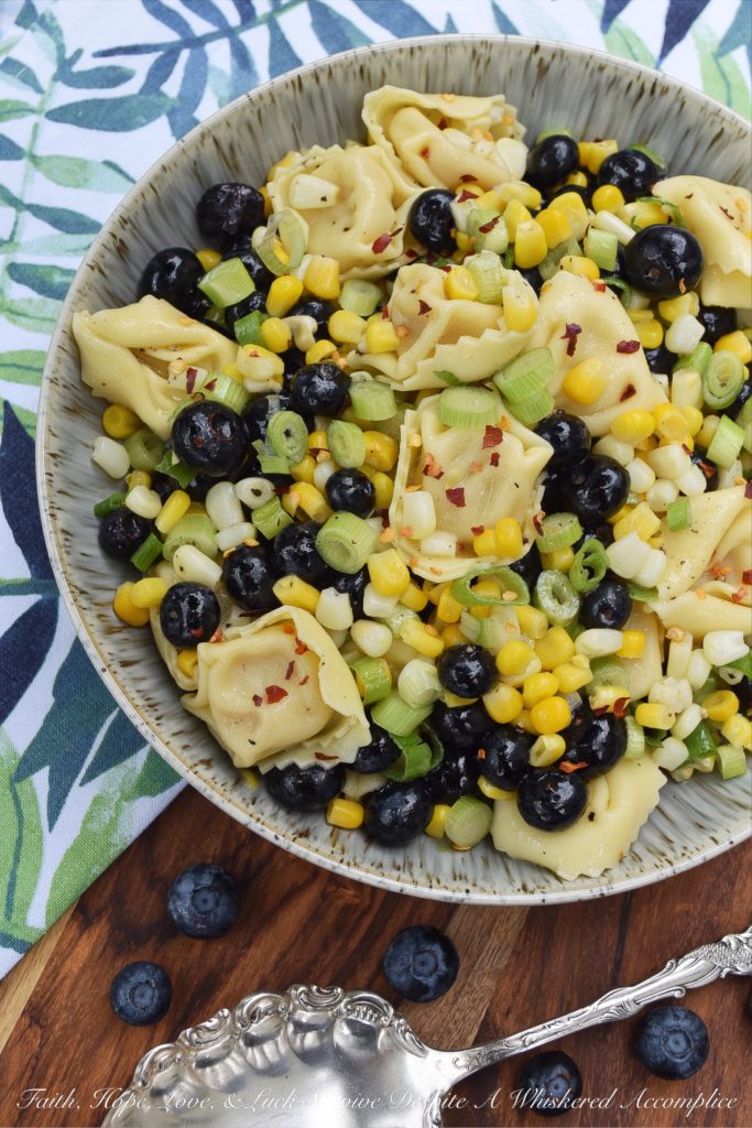 Tortellini Pasta Salad with Corn and Blueberries - I'm always looking for new side salads to bring along with me to cookouts, barbecues, and picnics, which can withstand the heat of summer. This healthy pasta salad made using frozen corn and refrigerated tortellini is the perfect example. It's tossed with fresh blueberries, chopped scallions, and a light olive oil vinaigrette, which makes this a delicious and easy to make pasta salad just right for a hot summer's day.