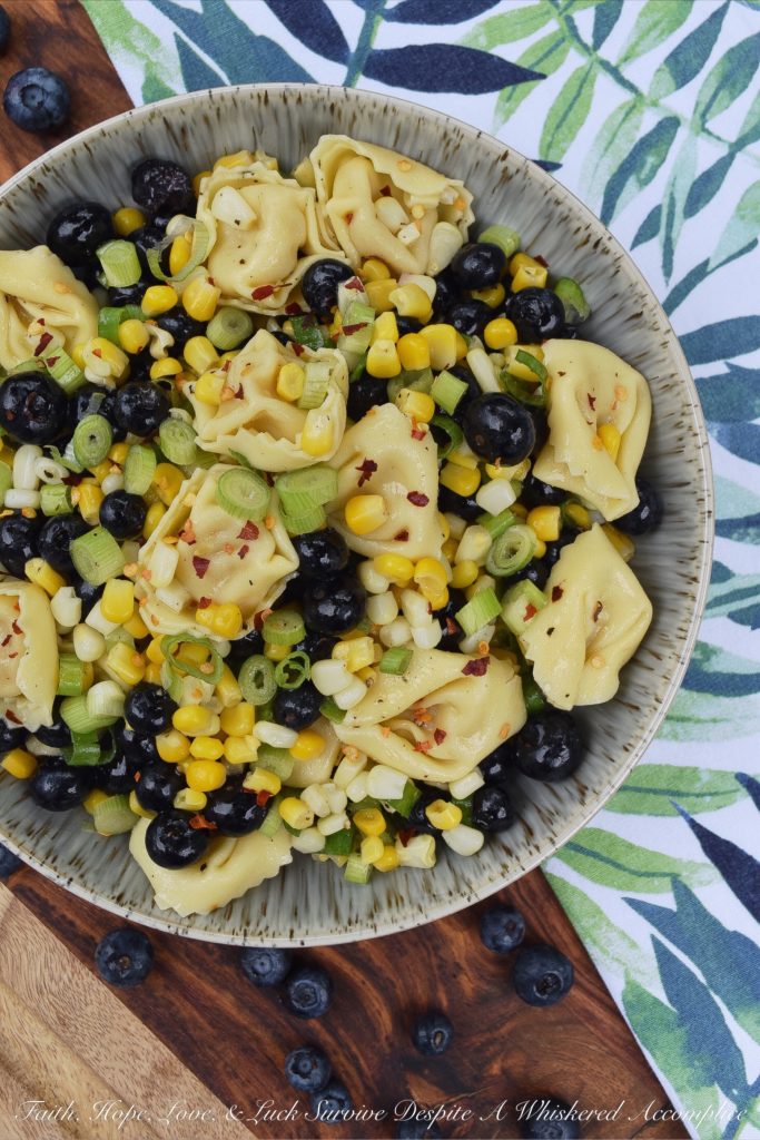 Tortellini Pasta Salad with Corn and Blueberries - I'm always looking for new side salads to bring along with me to cookouts, barbecues, and picnics, which can withstand the heat of summer. This healthy pasta salad made using frozen corn and refrigerated tortellini is the perfect example. It's tossed with fresh blueberries, chopped scallions, and a light olive oil vinaigrette, which makes this a delicious and easy to make pasta salad just right for a hot summer's day.