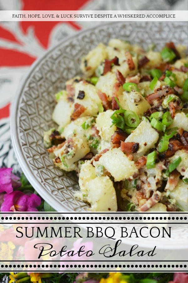 Summer BBQ Bacon Potato Salad - Say "Hello" to summertime with this simple yet super flavorful potato salad. There's a full pound of bacon folded into this summer side dish, which is first liberally brushed with barbecue sauce and then baked until browned and perfectly crispy. After you add a little bit of mayonnaise, black pepper, and finely chopped scallions, this potato salad will be ready to head to your next BBQ, picnic, or summer cookout.