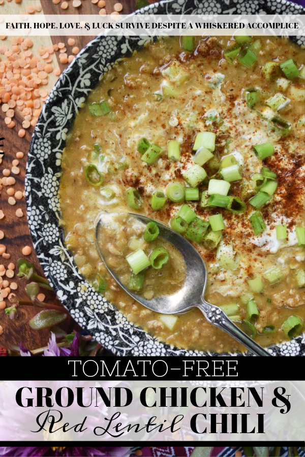 Tomato-Free Ground Chicken & Red Lentil Chili - Looking for a chili recipe that doesn’t call for tomatoes? Then you’re gonna love this homemade ground chicken chili recipe. The green chile enchilada sauce it contains gives it so much flavor, and the red lentils help thicken it up nicely. Add in a few herbs and spices, and this is one tasty tomato-free chili recipe.
