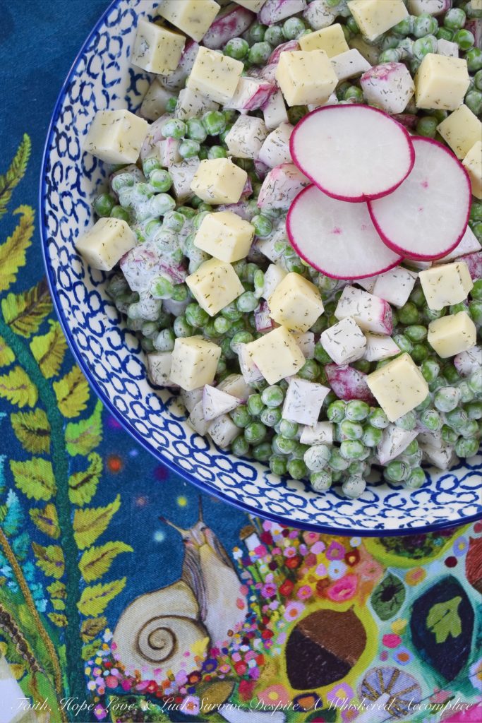Baby Sweet Pea & Radish Salad with Havarti & Dill - Never have frozen peas and crisp radishes tasted so good. And, as an added over-the-top recipe bonus, this crunchy side salad is perfect for a busy weeknight. If you're looking for a way to eat more veggies, without sacrificing flavor, look no further, this is the recipe for you. P.S. Did I mention that this recipe includes Havarti and dill as well?