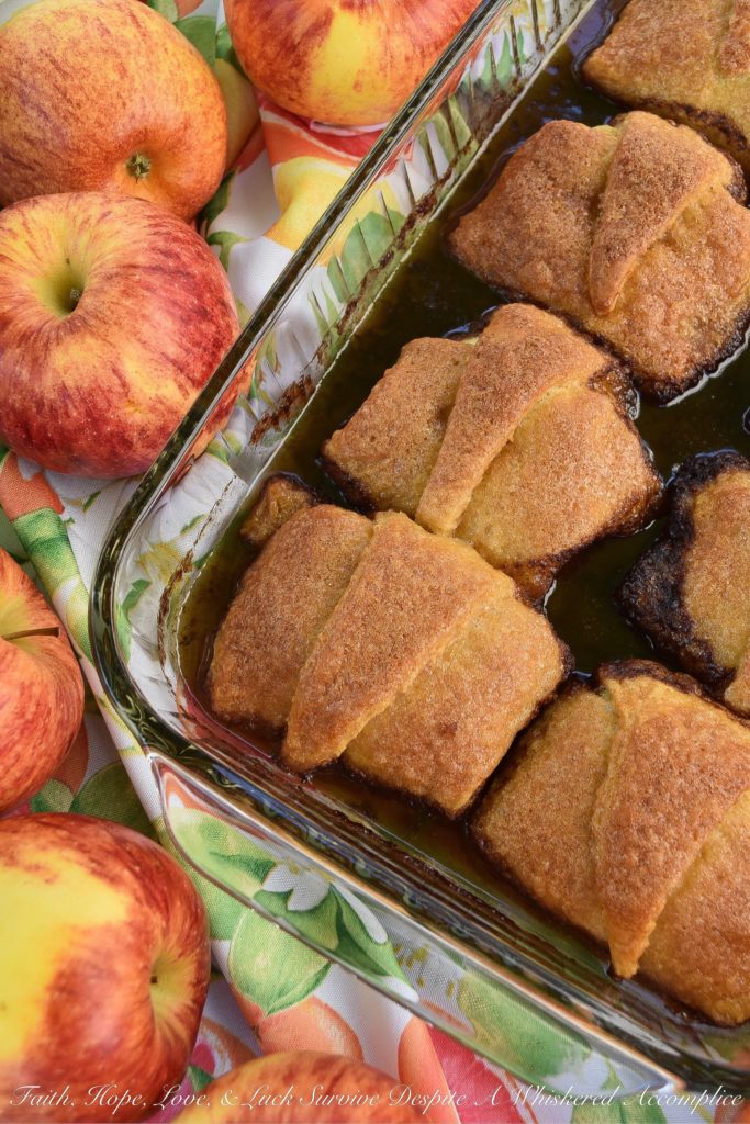 Soda-Glazed Crescent Roll Apple Dumplings - Apple dumplings are by far, one of the best fall desserts, however, they can be a little time-consuming to make. By using crescent rolls for the crust and brown soda or root beer to help make the sauce, you can save time and still have an amazing, apple-filled treat for dessert. Simply put, these sweet crescent roll apple dumplings are dangerously delicious.