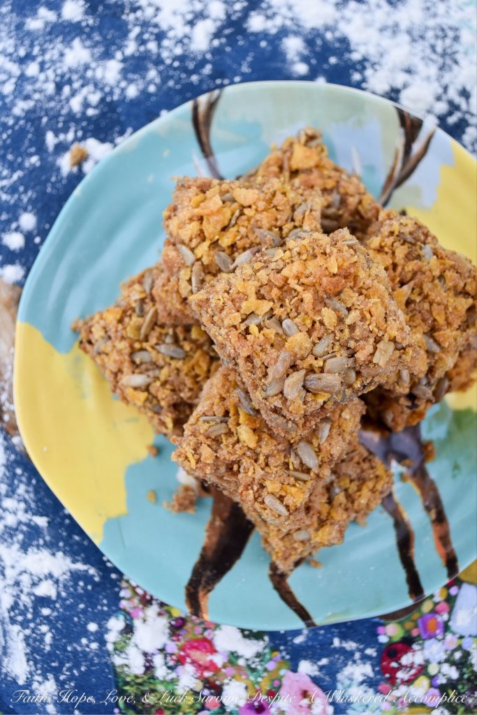 Crunchy Dried Cherry Applesauce Cake Bars - Are you looking for a delicious cakey dessert, filled with dried fruit, that has an amazing crunch? Well then, these applesauce cake bars are just what you're looking for. They're filled with dried cherries and sunflower seeds, which makes this moist and chewy. Then, they're covered in a sweet topping made with brown sugar, butter, sunflower seeds, and crushed corn flakes to make them over-the-top crunchy. These are seriously crunchtastic.