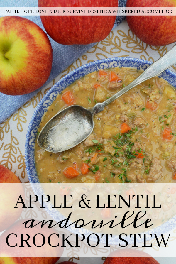 Apple & Lentil Andouille Crockpot Stew - Now that fall has finally arrived, it's time to enjoy a comforting bowl of crockpot stew. This slightly spicy apple and andouille sausage stew is packed with flavor and has a lovely texture thanks to the red split lentils it contains. I can pretty much guarantee that this is definitely one slow-cooked meal you'll be thrilled to arrive home to on a crisp autumn evening.