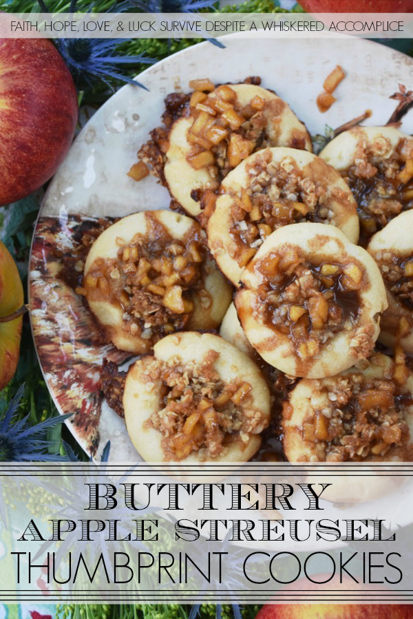 Buttery Apple Streusel Thumbprint Cookies - What's better than a cookie? A buttery cookie, filled with cinnamon caramel apple sauce, topped with sweet oatmeal streusel topping, and then drizzled with more cinnamon caramel apple sauce. Are you drooling yet? I know I am. Really, this is simply one thumbprint cookie you just have to make this fall.