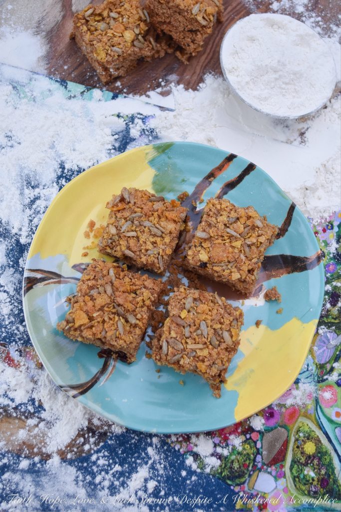 Crunchy Dried Cherry Applesauce Cake Bars - Are you looking for a delicious cakey dessert, filled with dried fruit, that has an amazing crunch? Well then, these applesauce cake bars are just what you're looking for. They're filled with dried cherries and sunflower seeds, which makes this moist and chewy. Then, they're covered in a sweet topping made with brown sugar, butter, sunflower seeds, and crushed corn flakes to make them over-the-top crunchy. These are seriously crunchtastic.