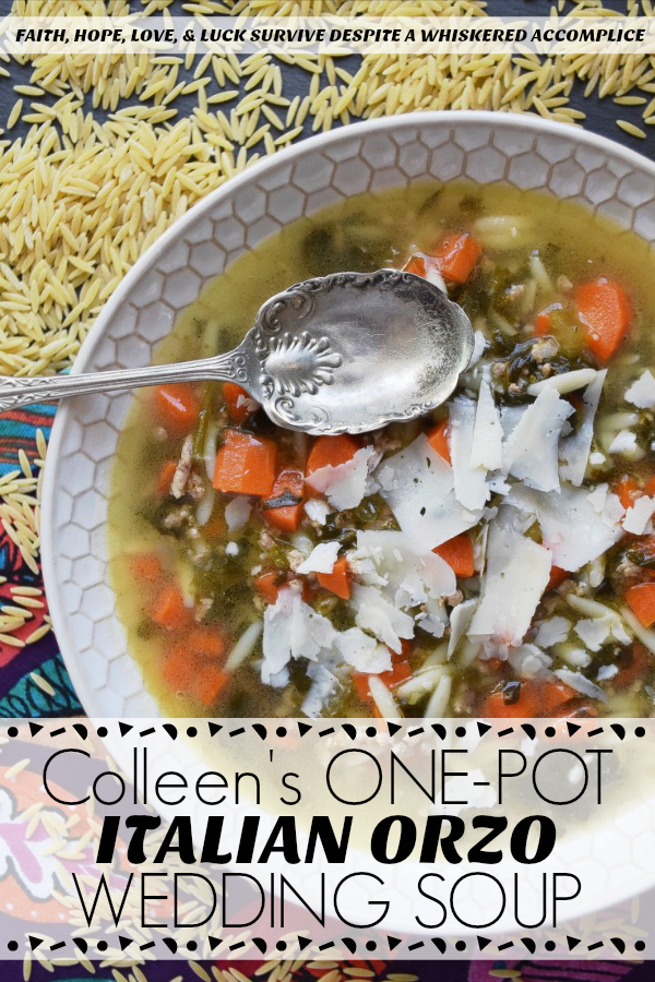 Colleen's One-Pot Italian Orzo Wedding Soup - Italian Wedding Soup is always a winning soup recipe, however, it can be a little time-consuming to make. This one-pot recipe using orzo and a mixture of ground beef, veal, and pork, takes all of the work out of making this soup. Forget about making itty bitty tiny meatballs, just brown the ground meat instead. All of the taste, none of the hassle.