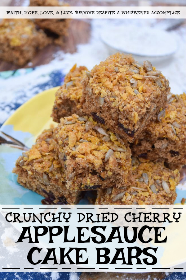 Crunchy Dried Cherry Applesauce Cake Bars - Are you looking for a delicious cakey dessert, filled with dried fruit, that has an amazing crunch? Well then, these applesauce cake bars are just what you're looking for. They're filled with dried cherries and sunflower seeds, which makes this moist and chewy. Then, they're covered in a sweet topping made with brown sugar, butter, sunflower seeds, and crushed corn flakes to make them over-the-top crunchy. These are seriously crunchtastic.