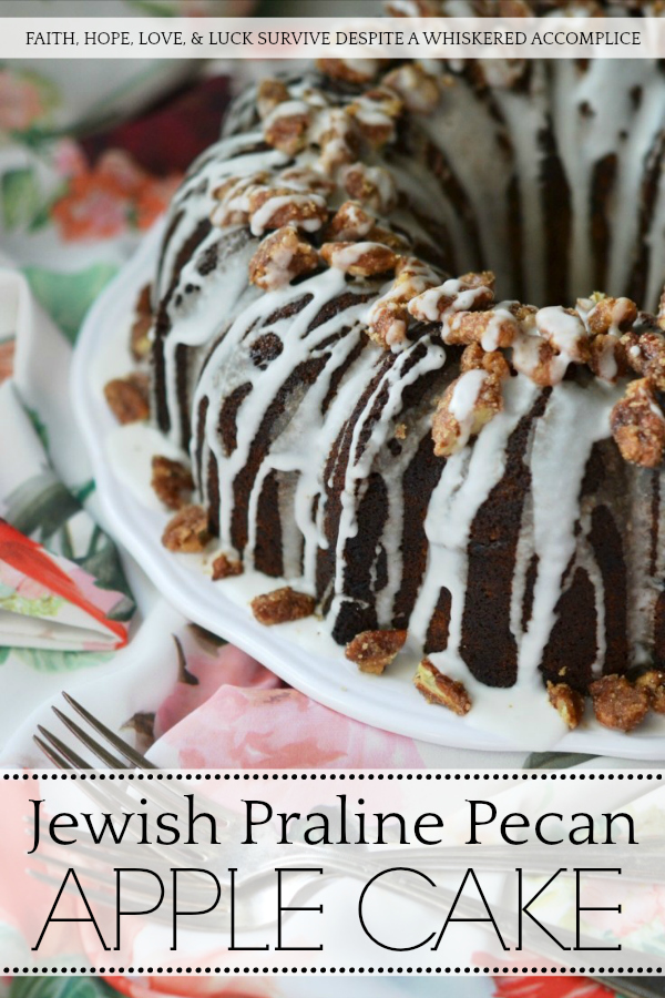 Jewish Praline Pecan Apple Cake - This apple-studded cake is the perfect Autumn Bundt. Topped with crunchy cinnamon praline pecans and drizzled with powdered sugar glaze, it's cake at its very best.