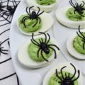 Halloween Monster Mash Jalapeño Deviled Eggs - These sweet and spicy monster mash deviled eggs are the perfect party treat to share with your ghouls and goblins this Halloween season. Finely diced candied jalapeños are the secret to their amazing flavor. Add in a bit of green food coloring and a spider garnish on top for just the right festive holiday touch.
