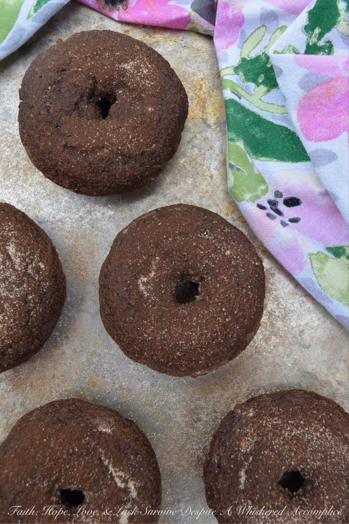 Baked Chocolate Spice Crumb Cake Donuts - These crumbly spiced chocolate cake donuts have just the right amount of ginger and cinnamon to make them absolutely delicious. And, since they're brushed with melted butter and then generously sprinkled with a cinnamon sugar topping, you won't even mind the fact that they aren't glazed.