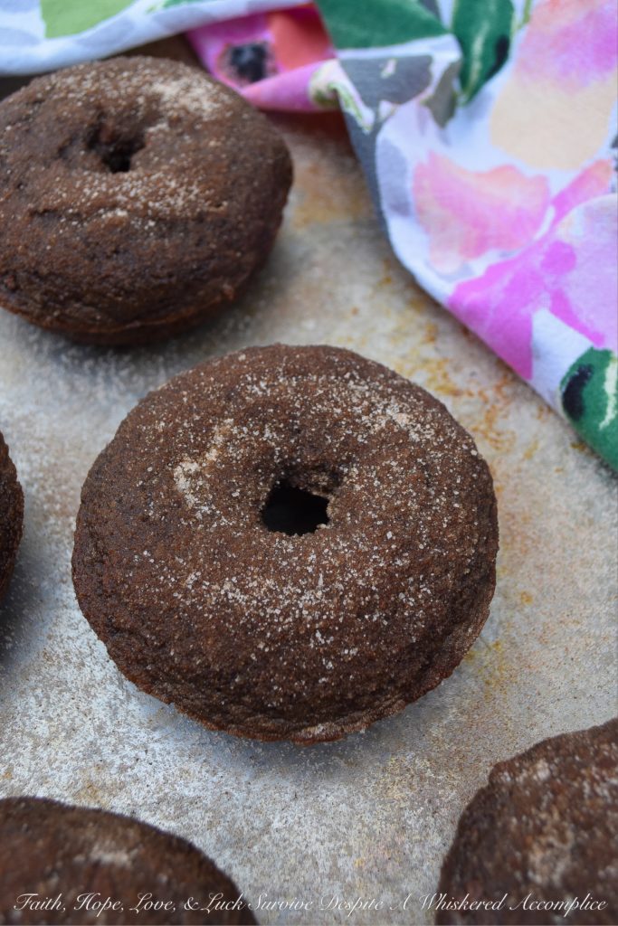 Baked Chocolate Spice Crumb Cake Donuts - These crumbly spiced chocolate cake donuts have just the right amount of ginger and cinnamon to make them absolutely delicious. And, since they're brushed with melted butter and then generously sprinkled with a cinnamon sugar topping, you won't even mind the fact that they aren't glazed.