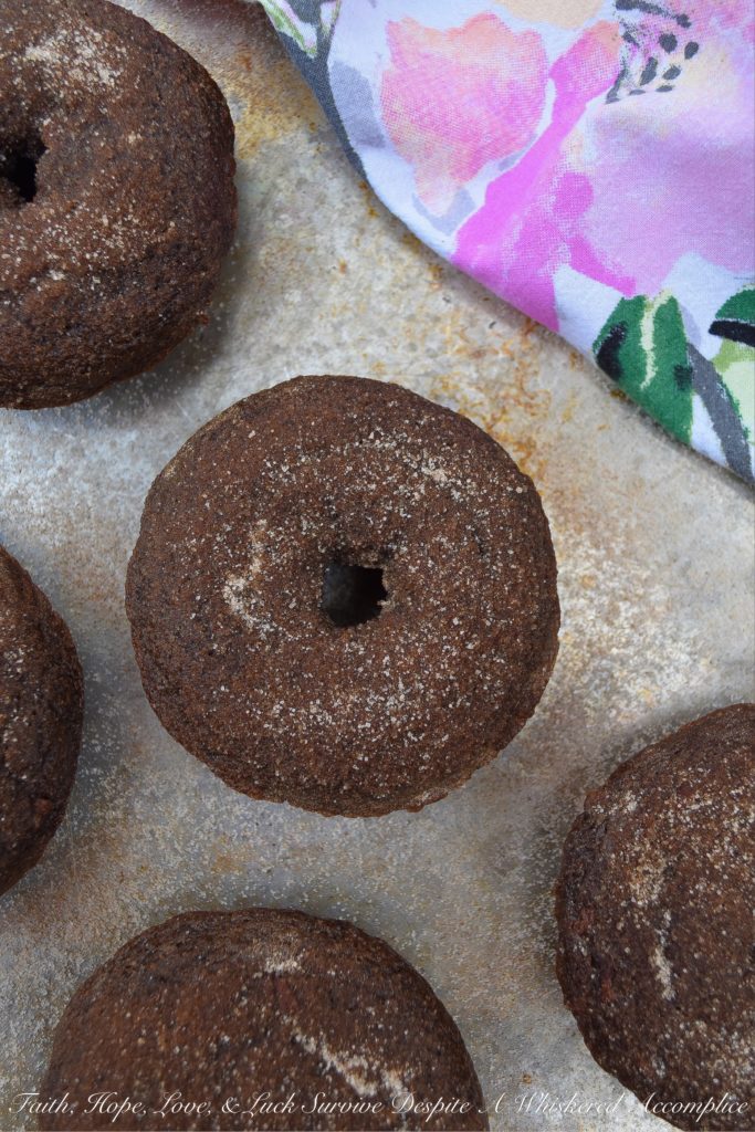 Baked Chocolate Spice Crumb Cake Donuts - These crumbly spiced chocolate cake donuts have just the right amount of ginger and cinnamon to make them absolutely delicious. And, since they're brushed with melted butter and then generously sprinkled with a cinnamon sugar topping, you won't even mind the fact that they aren't glazed.
