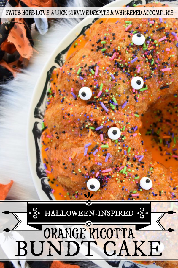 Halloween-Inspired Orange Ricotta Bundt Cake - The secret to this light, moist, and airy Bundt cake is the ricotta cheese it contains, as well as the added orange zest and juice, which help give it a lovely citrus flavor. Topping it with an orange powdered sugar glaze, followed by festive Halloween sprinkles and candy eyeballs, also helps to give this holiday cake the perfect touch of spooky cuteness.