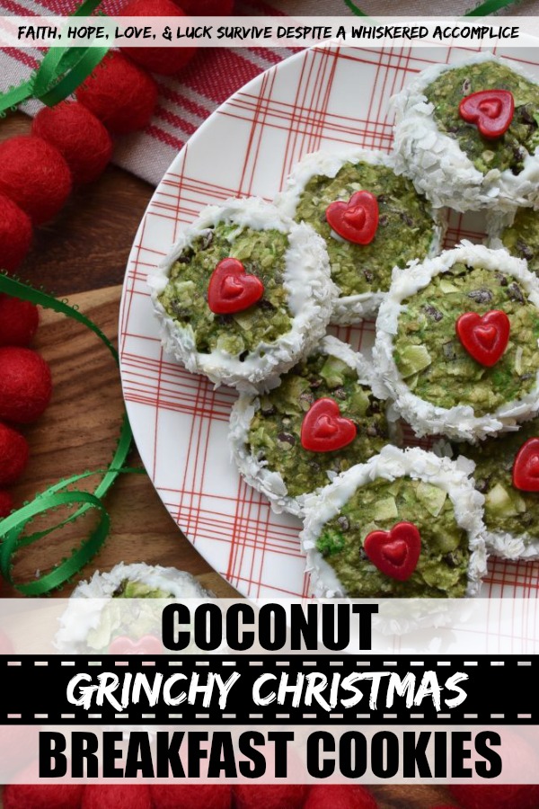 Coconut Grinchy Christmas Breakfast Cookies - Perhaps the reason you're feeling like a grinch this holiday season is that you forgot to eat breakfast. Easily remedied. These breakfast cookies, made with quick-cooking oats, banana, coconut, peanut butter, and chocolate, will help get rid of any grinchy feelings you have going on and make you excited for breakfast.